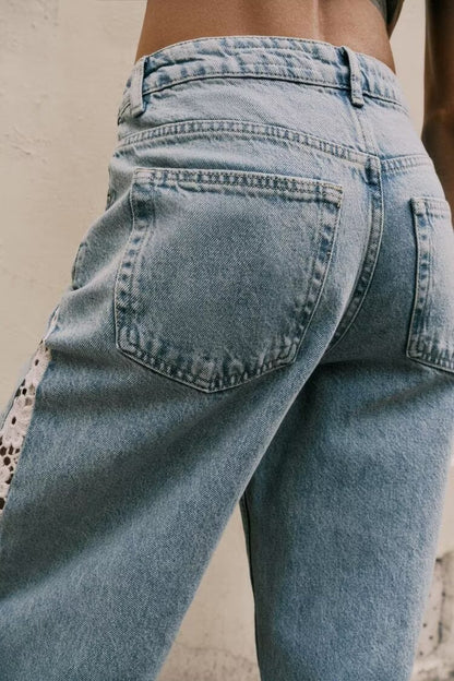 Women Clothing Spring Autumn Crochet Stitching High Waist Wide Leg Jeans - Wanita Store