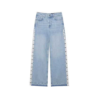 Women Clothing Spring Autumn Crochet Stitching High Waist Wide Leg Jeans - Wanita Store