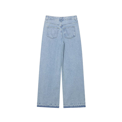 Women Clothing Spring Autumn Crochet Stitching High Waist Wide Leg Jeans - Wanita Store