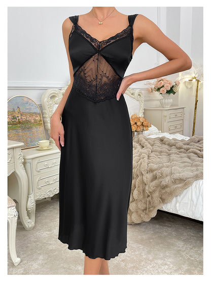 Sexy Pajamas Women Suspender Nightdress Satin Pure Lace French High Sense Home Dress - Wanita Store