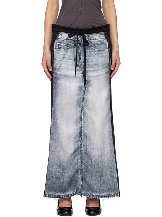 Spring Summer Deconstruction Niche Design Worn Looking Washed out Denim Printing Patch Sweater Long Skirt Women