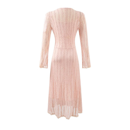 Sweet Jacquard Grid Chic Long Sleeve Dress Autumn Elegant Slim Midi Dress - Wanita Store