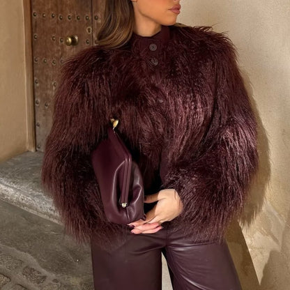 Women Clothing Autumn Retro Artificial Fur Effect Knitted Coat - Wanita Store