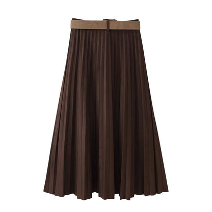 Women Clothing with Belt Suede Effect Pleated Midi Skirt - Wanita Store
