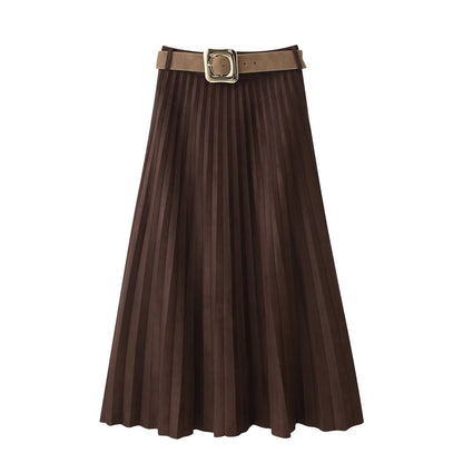 Women Clothing with Belt Suede Effect Pleated Midi Skirt - Wanita Store