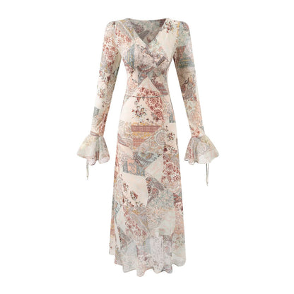 Summer Women Long Sleeved V neck Printed Dress Women - Wanita Store