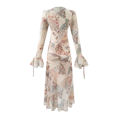 Summer Women Long Sleeved V neck Printed Dress Women - Wanita Store