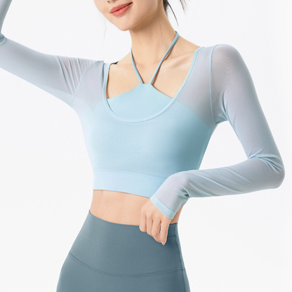 Mesh Yarn False Two Pieces Yoga Clothes Long Sleeve Women with Chest Pad Slim Fit Slimming Halter Short Sports Fitness Top - Wanita Store