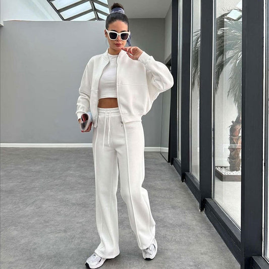 Autumn Winter Solid Color with Fur Zipper Cardigan Women Clothes Casual Straight Pants Two Piece Sets