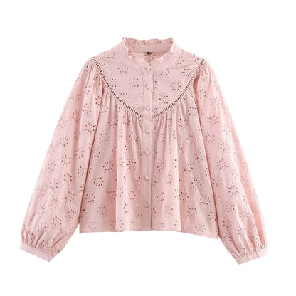 Women Clothing Casual Hollow Out Cutout Embroidered Shirt