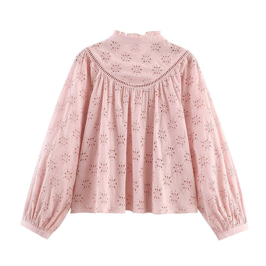 Women Clothing Casual Hollow Out Cutout Embroidered Shirt