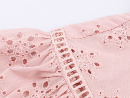 Women Clothing Casual Hollow Out Cutout Embroidered Shirt