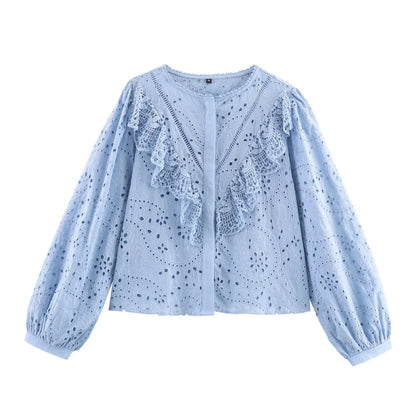 Women Clothing Autumn Hollowed out Embroidered Shirt