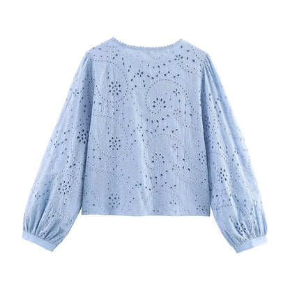 Women Clothing Autumn Hollowed out Embroidered Shirt