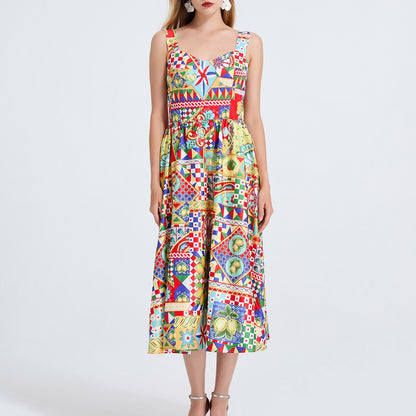 Women Printed Spaghetti Strap Dress With Elastic Back And High Waist - Wanita Store