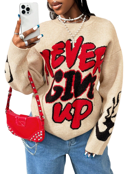 Women High Elastic Loose Long Sleeve Letters Pullover Knitted Sweater - Wanita Store