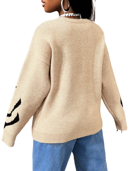 Women High Elastic Loose Long Sleeve Letters Pullover Knitted Sweater - Wanita Store