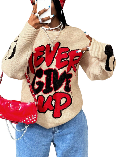 Women High Elastic Loose Long Sleeve Letters Pullover Knitted Sweater - Wanita Store