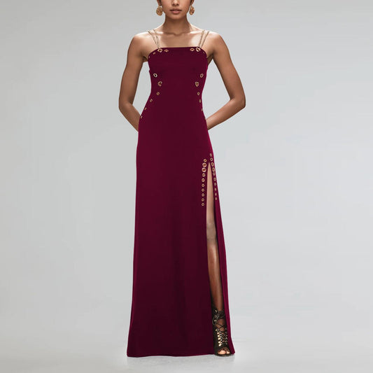 Women Wear Elegant Gold Necklace Sexy Sleeveless Split Dress