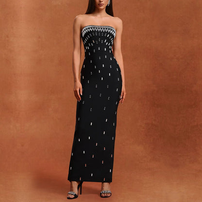 Robe bustier sexy pour femme, dos nu ornée de strass.