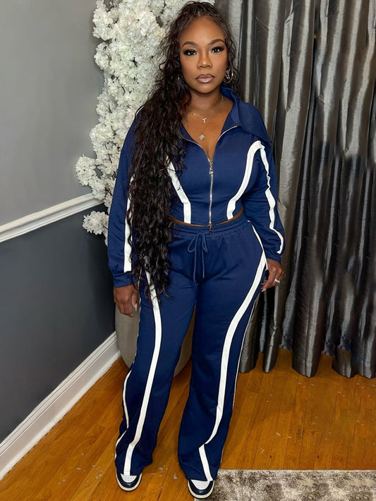 Women Wear Striped Stitching Contrast Color Zipper Polo Collar Top Wide Leg Trousers Two Piece Sets