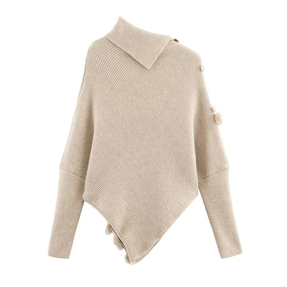 Irregular Asymmetric Turtleneck Long Sleeved Sweater Women Winter Furry Stitching Loose Sweater Top - Wanita Store