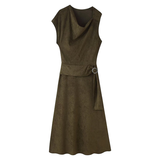 Early Autumn Women Clothing French Suede Leather Mid-Length Irregular Asymmetric Dress