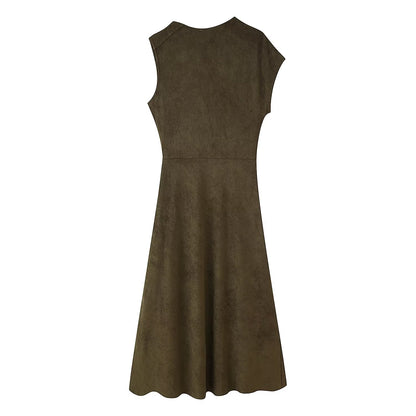 Early Autumn Women Clothing French Suede Leather Mid-Length Irregular Asymmetric Dress - Wanita Store