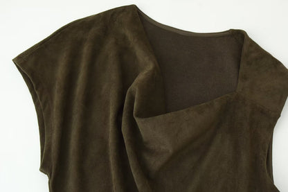 Early Autumn Women Clothing French Suede Leather Mid-Length Irregular Asymmetric Dress - Wanita Store