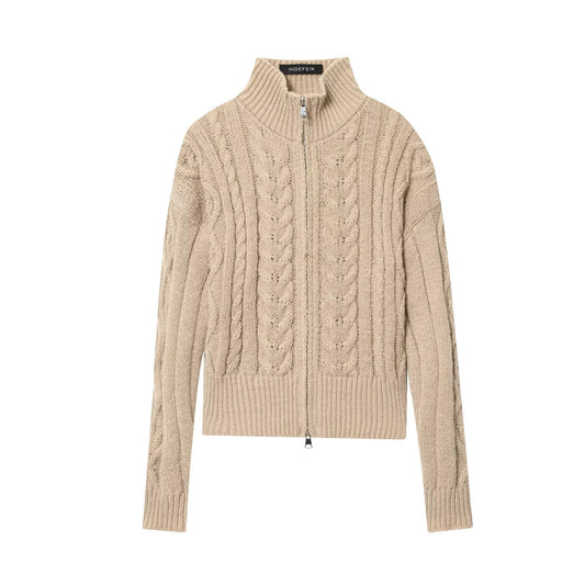 Women Idle Zipped Stand Collar Long Sleeve Twist Knitted Cardigan