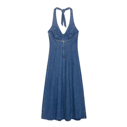 Women Clothing Autumn Halter V Neck Denim Dress - Wanita Store