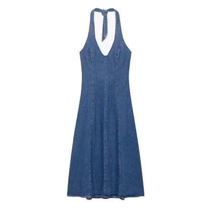 Women Clothing Autumn Halter V Neck Denim Dress - Wanita Store