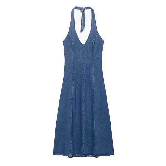 Women Clothing Autumn Halter V Neck Denim Dress