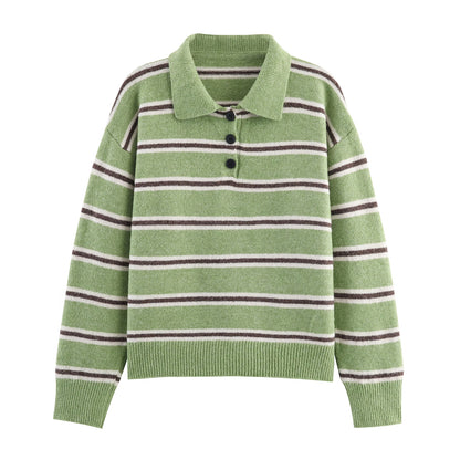 Fall Women Clothing Half Cardigan Button Pullover Polo Collar Stripes Knitted Sweater Top - Wanita Store