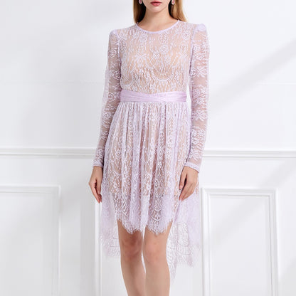 Women Lace Patchwork Pleated Waist Round Neck Long Sleeve Dress With A Shorter Front And Longer Back Design - Wanita Store