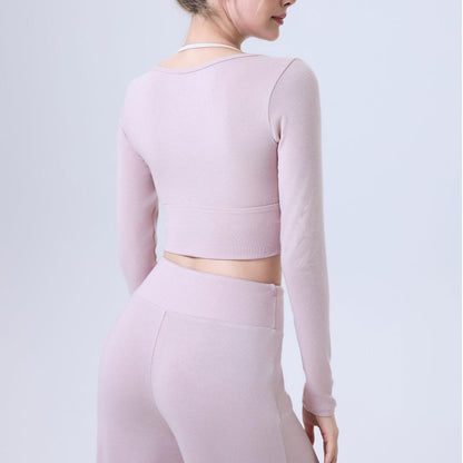 Nude Feel Contrast Color Yoga Clothes Long Sleeve Semi Fixed Cup Running Slim Sports Bra Breathable Workout Clothes Top - Wanita Store