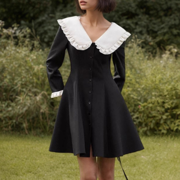 Black White Contrast Color Doll Collar Short Women Elegant Pleated A line Dress - Wanita Store