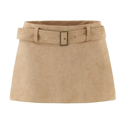 Autumn Vintage Belt Slim Fit Sheath A line Skirt with Safety Pants Skirt - Wanita Store
