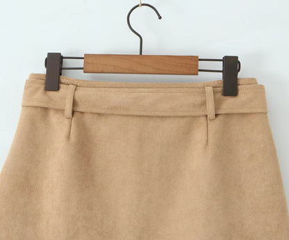 Autumn Vintage Belt Slim Fit Sheath A line Skirt with Safety Pants Skirt - Wanita Store