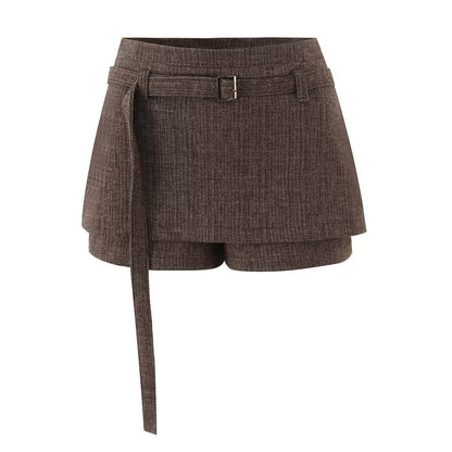 Autumn Retro Woolen Faux Two Pieces Short Pantskirt Women Sexy All Match Double Layer A line Sheath Skirt - Wanita Store