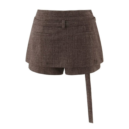 Autumn Retro Woolen Faux Two Pieces Short Pantskirt Women Sexy All Match Double Layer A line Sheath Skirt - Wanita Store