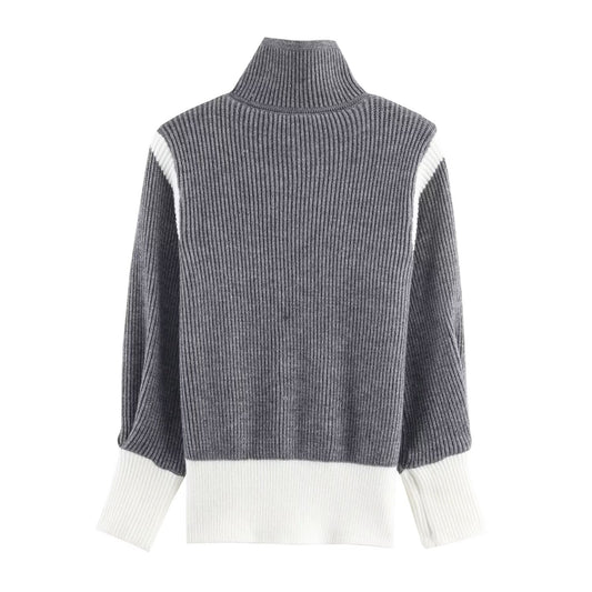 Autumn Women Casual Loose All Matching Color Stitching Knitted Cardigan