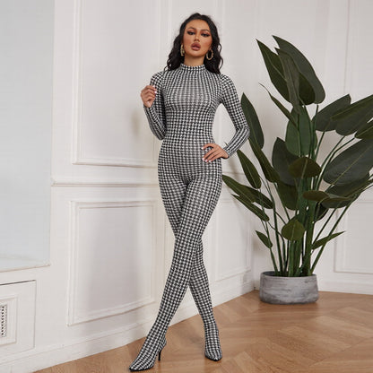 Autumn Winter Women Clothing Printed Turtleneck Long Sleeve Sexy High Waist Slim Fit Bodysuit - Wanita Store