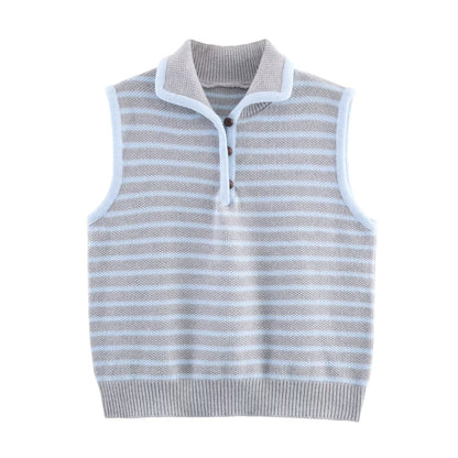 Women Clothing Fall Fresh Age Reducing Stripe Decoration Collared Short Vest - Wanita Store