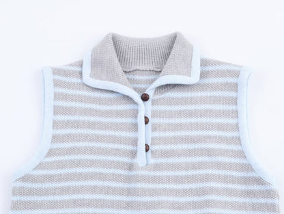 Women Clothing Fall Fresh Age Reducing Stripe Decoration Collared Short Vest - Wanita Store