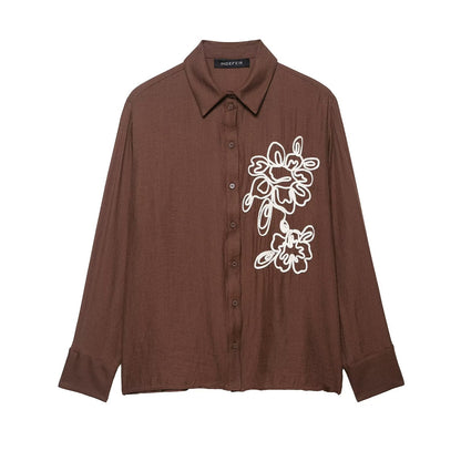 Vêtements d'automne pour femmes Chemise ample décontractée à manches longues, col polo et texture florale