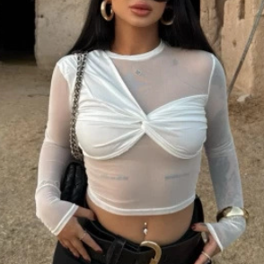 Women Clothing Sexy round Neck Sheer Mesh Long Sleeve Stitching Niche Girls Cropped Top - Wanita Store