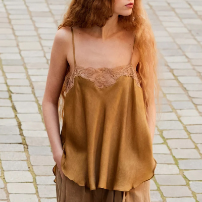 Women Clothing Satin Solid Color Casual Loose Ruffled Stitching Sexy Sling