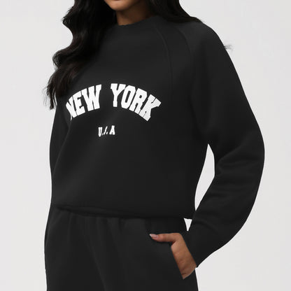 Autumn Winter Fleece Lined Sports Sweater Women Letter Graphic Long Sleeve Casual Warm Top Loose Thin Fitness Clothes - Wanita Store