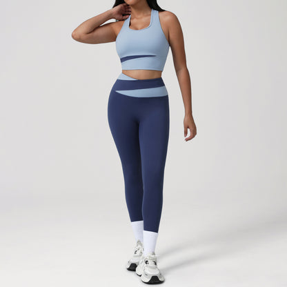 Contrast Color Yoga Women Long Sleeved Sports Bra Top Hip Lifting Tights Morning Running Step Fitness Set - Wanita Store